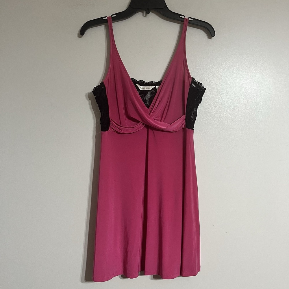 Y2K Ambrielle Pink Chemise Babydoll Slip Dress Black Lace Trim Size Medium